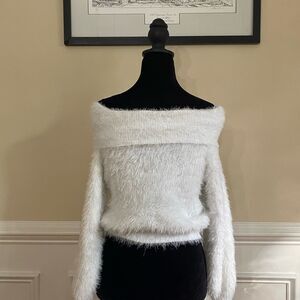 H&M Off-Shoulder Fuzzy White Sweater